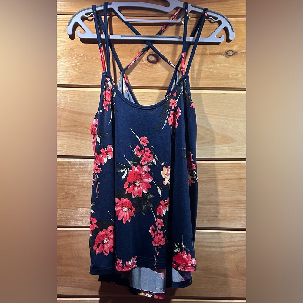 Women’s Navy Floral Crisscross Strap Tank L
